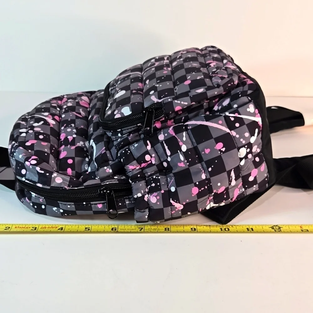NWT Checkered Backpack with Pink and White Splatter Zippered Padded